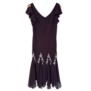 SL Fashions Brown Beaded Floral Chiffon Flutter Sleeve Gown Dress 10 G1112‎